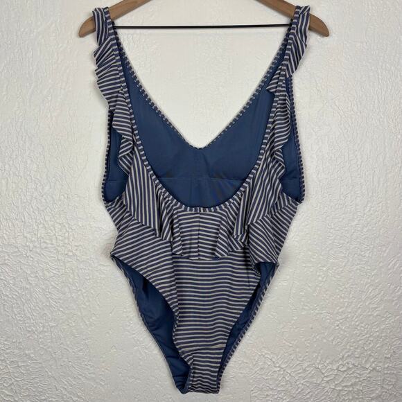 Aerie Blue/ Grey Metallic Stripe Low Back Ruffle One-Piece Swimsuit Size XL - Picture 4 of 5